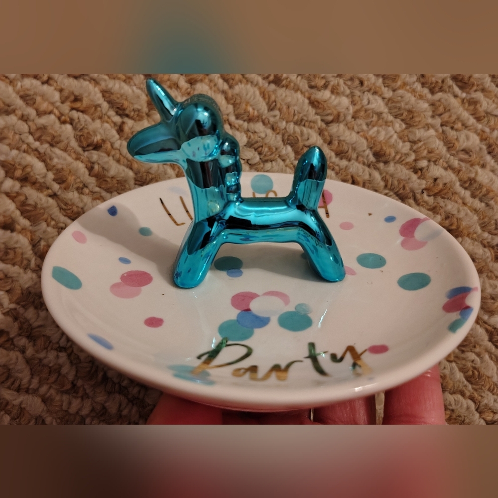 Party Ceramic Ring Dish with Blue Metallic Balloon Dog